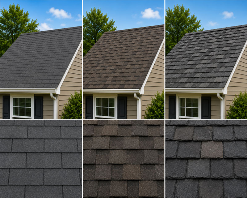 Three types of residential roof shingles. 3-tab, architectural, and luxury shingles.
